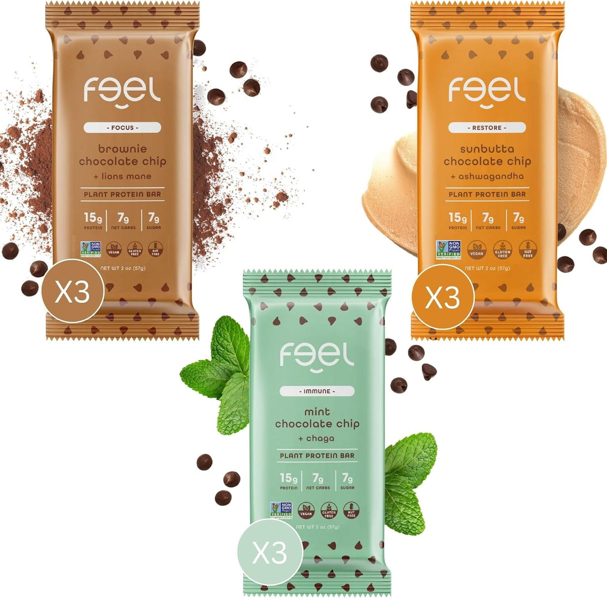 Feel Vegan Protein Bars - Keto, Gluten Free, Organic, 15G Protein - Dairy Free, Low Sugar - Variety Pack (6 Flavors, 6 Pack)