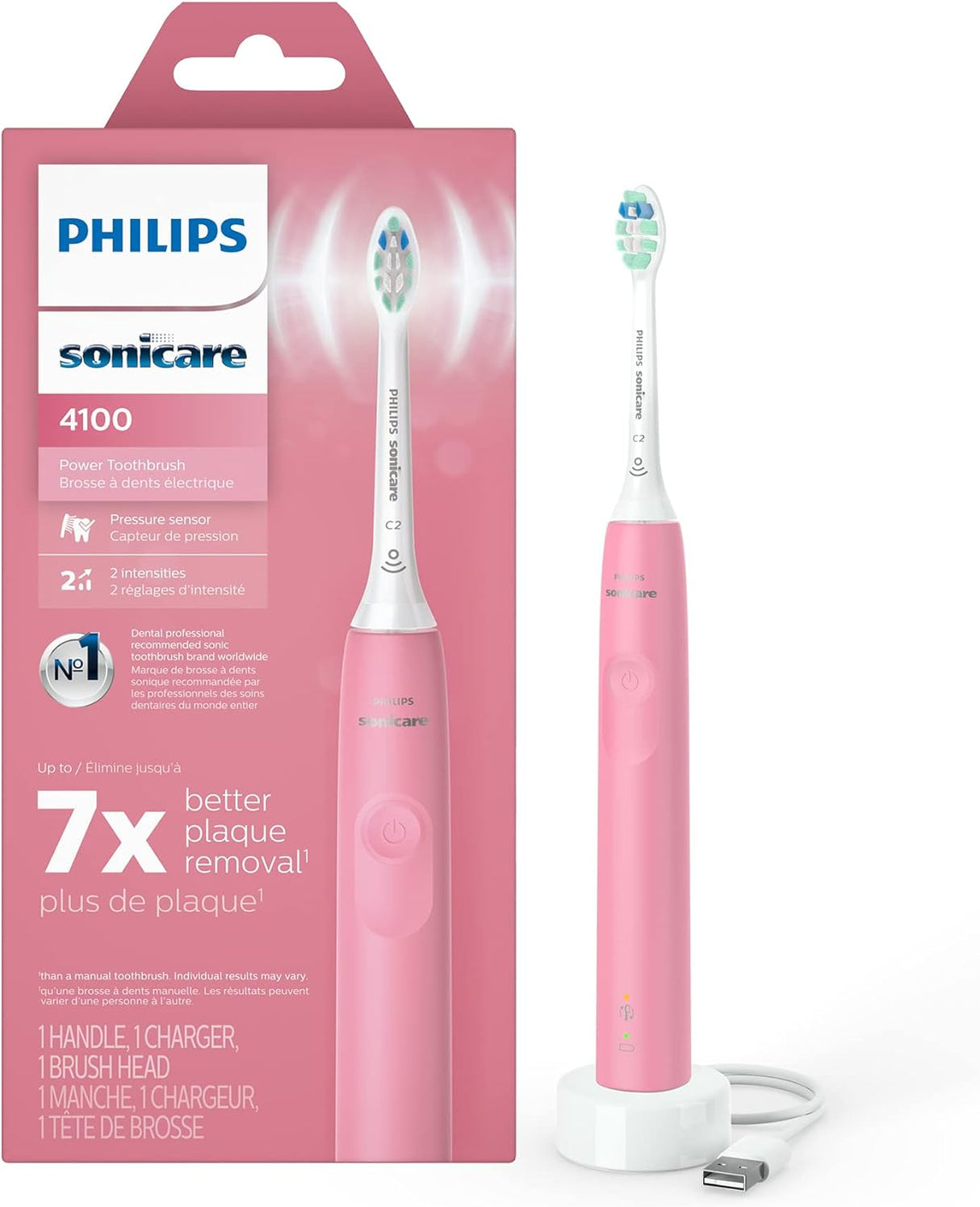 Philips Sonicare 4100 Rechargeable Electric Toothbrush, with Pressure Sensor, 2 Intensity Settings, Smartimer and Quadpacer, 14-Day Battery Life, Black, Model HX3681/24
