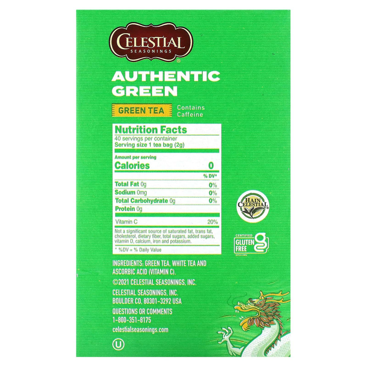 Celestial Seasonings, Authentic Green Tea, 40 Tea Bags, 2.9 oz (82 g) - Supply Center USA