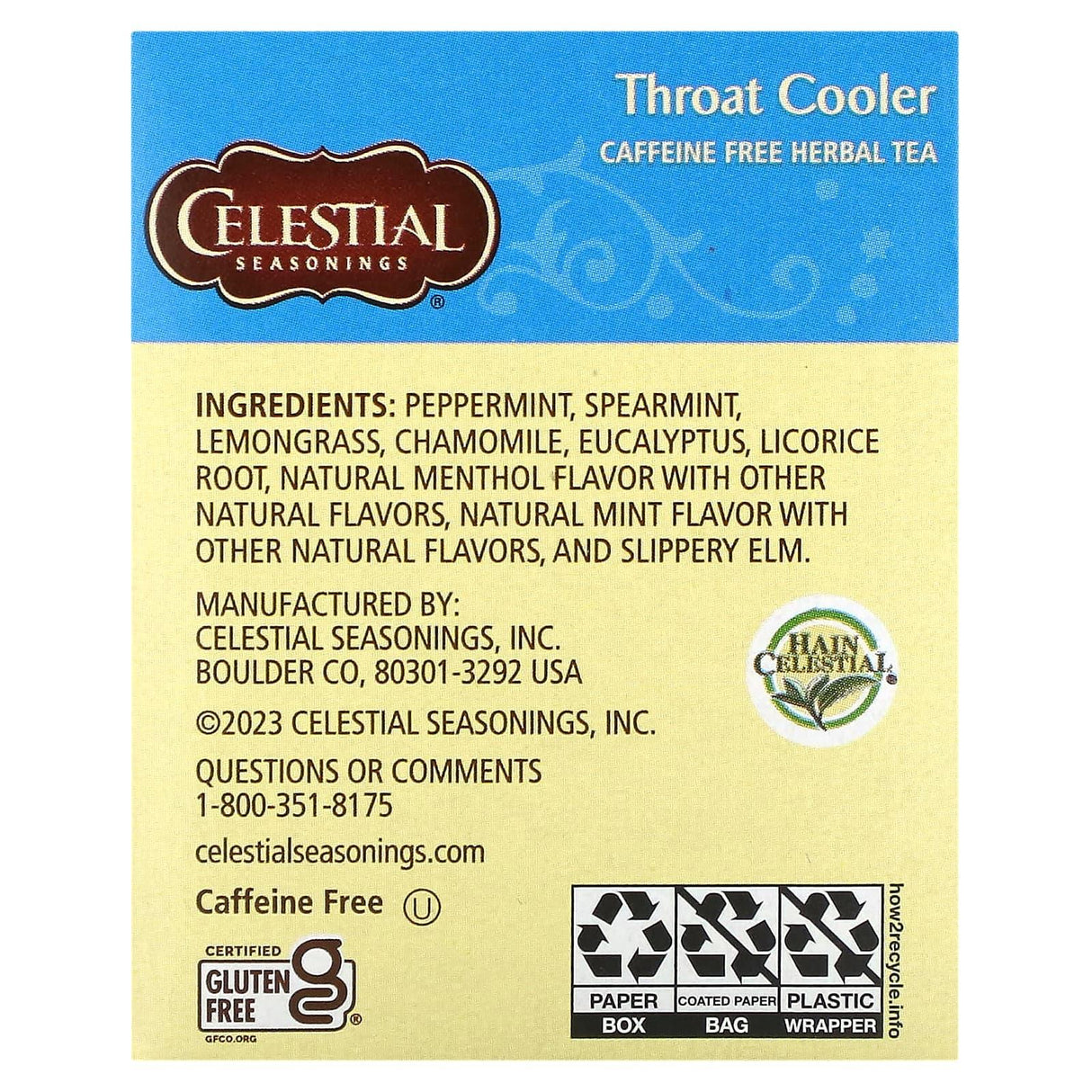 Celestial Seasonings, Herbal Tea, Throat Cooler, Caffeine Free, 16 Tea Bags, 0.96 oz (27 g) - Supply Center USA