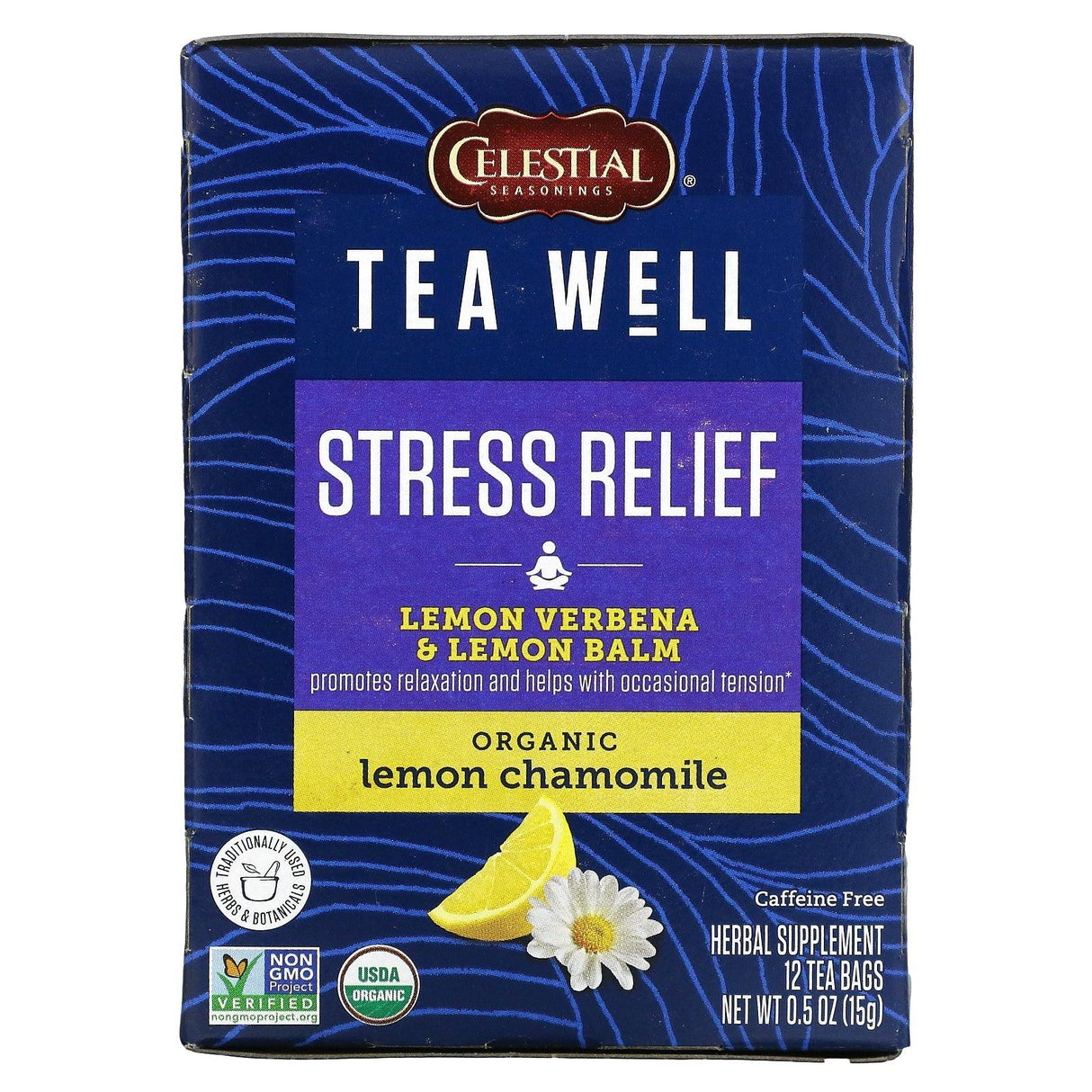 Celestial Seasonings, Stress Relief, Lemon Verbena & Lemon Balm, Organic Lemon Chamomile, Caffeine Free, 12 Tea Bags, 0.06 oz (1.2 g) Each - Supply Center USA