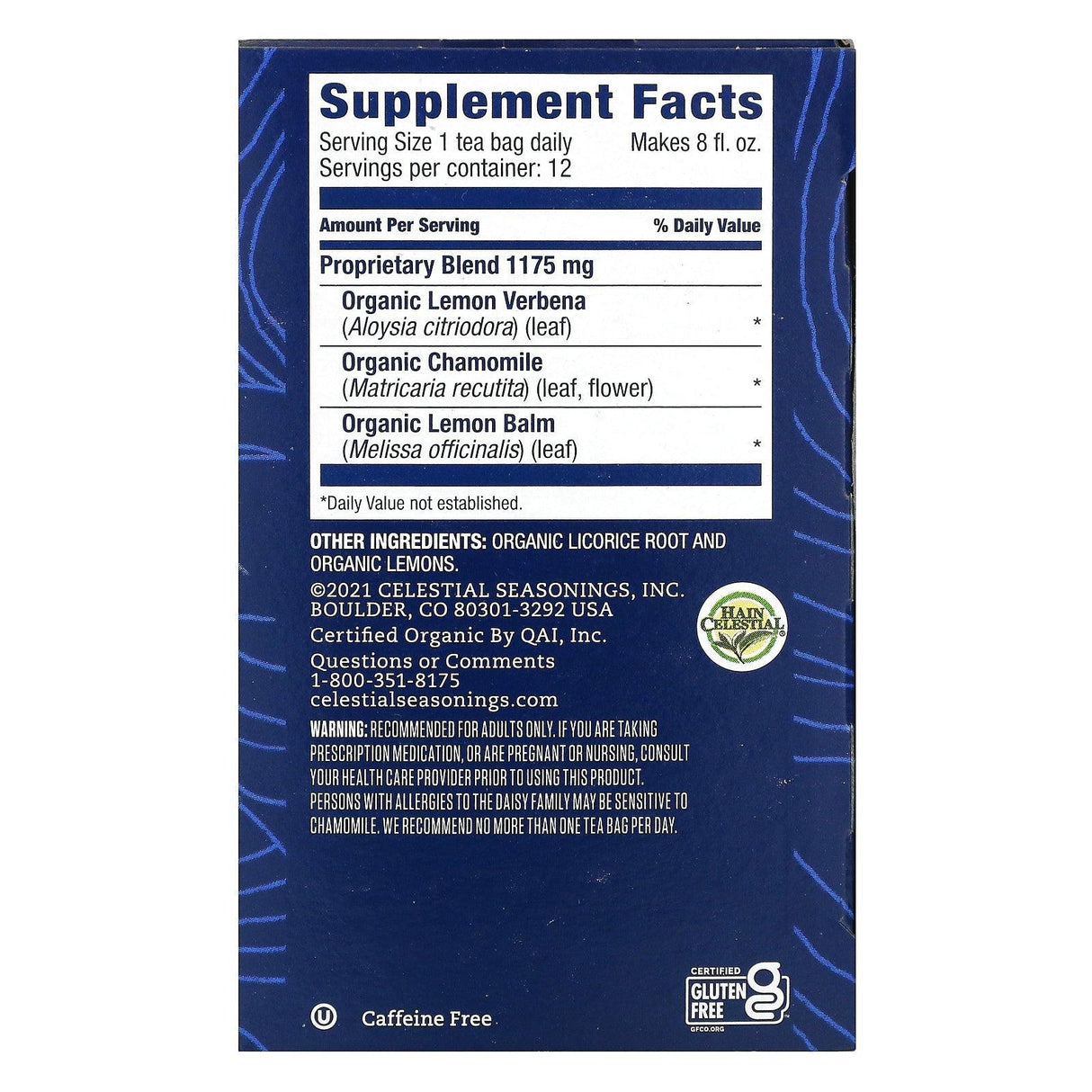 Celestial Seasonings, Stress Relief, Lemon Verbena & Lemon Balm, Organic Lemon Chamomile, Caffeine Free, 12 Tea Bags, 0.06 oz (1.2 g) Each - Supply Center USA