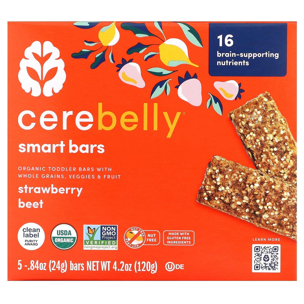 Cerebelly, Smart Bars, Organic Toddler Bars, Strawberry Beet, 5 Bars, 0.84 oz (24 g) Each - Supply Center USA