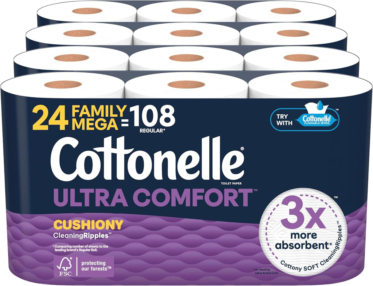 Cottonelle Ultra Comfort Toilet Paper with Cushiony Cleaningripples Texture, 24 Family Mega Rolls (24 Family Mega Rolls = 108 Regular Rolls) (4 Packs of 6), 296 Sheets per Roll, Packaging May Vary