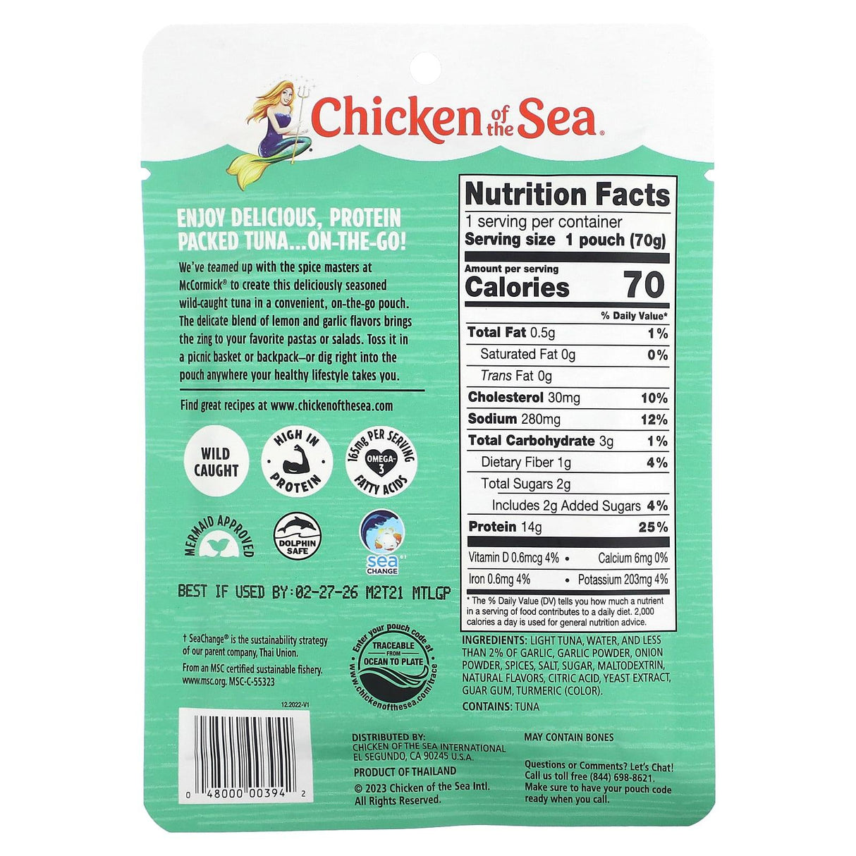 Chicken of the Sea, Wild Caught Light Tuna, Lemon Garlic, 2.5 oz (70 g) - Supply Center USA