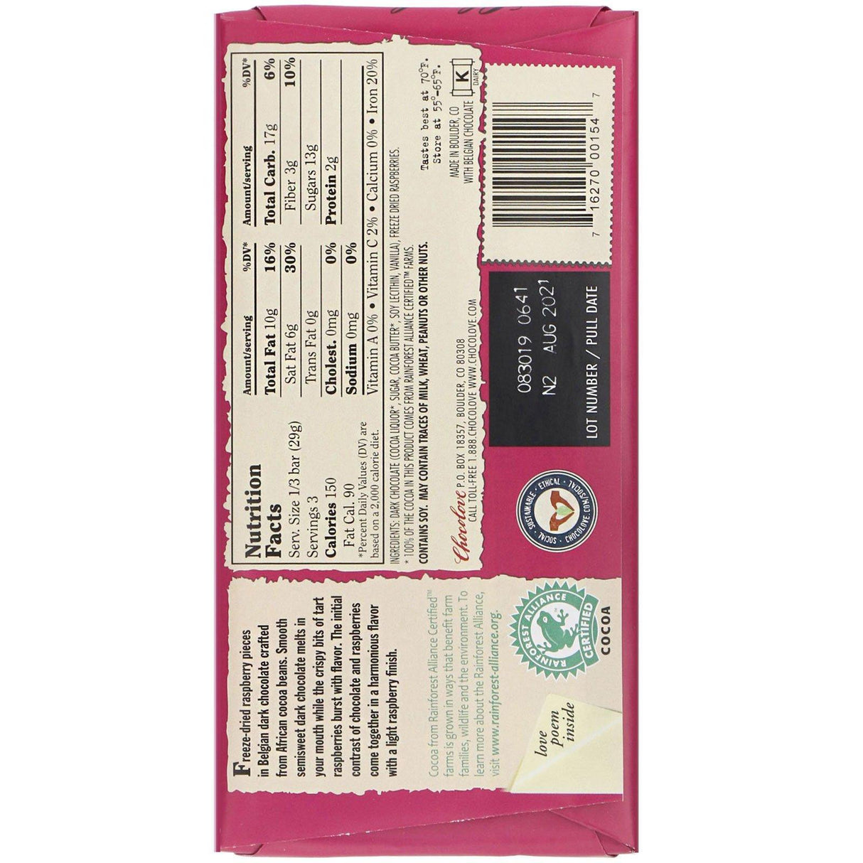 Chocolove, Raspberries in Dark Chocolate, 55% Cocoa, 3.1 oz (88 g) - Supply Center USA