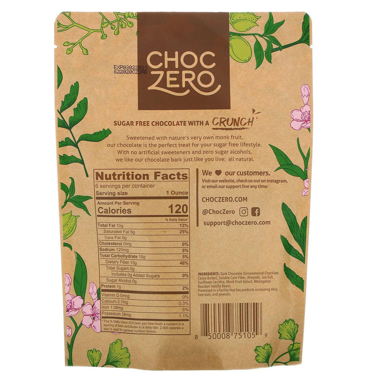 ChocZero, Dark Chocolate with Sea Salt, Almonds, Sugar Free, 6 Bars, 1 oz Each - Supply Center USA