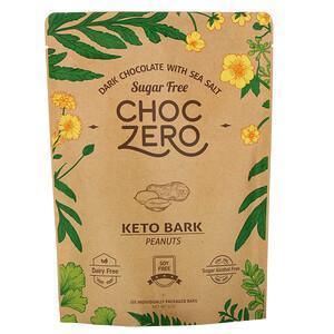 ChocZero, Dark Chocolate With Sea Salt, Keto Bark Peanuts, Sugar Free, 6 Bars, 1 oz Each - Supply Center USA