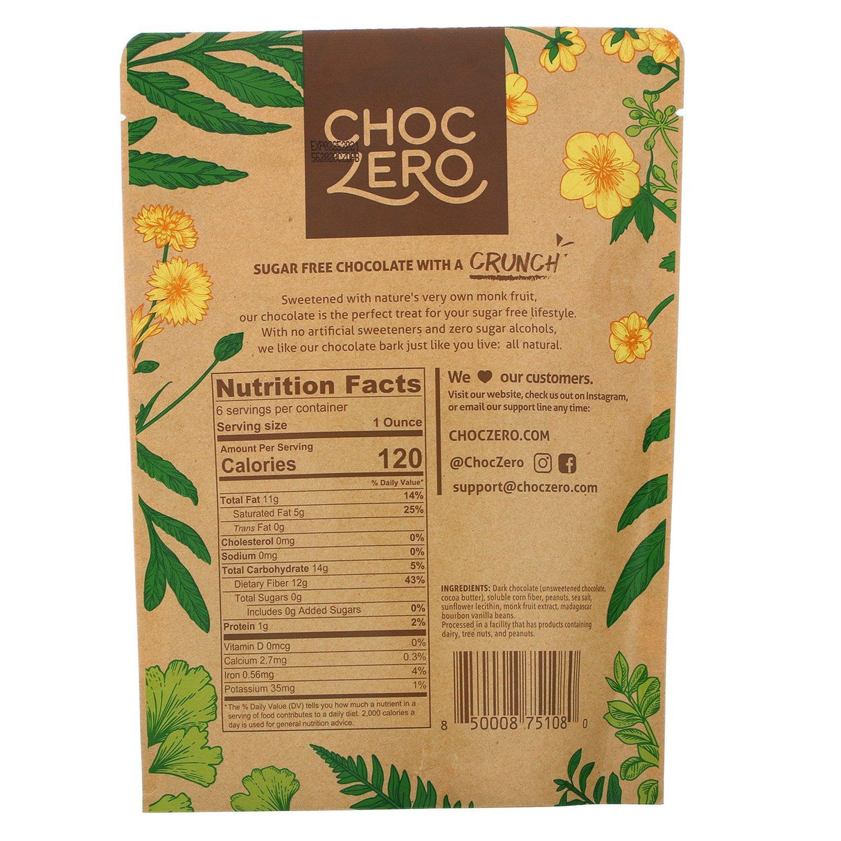 ChocZero, Dark Chocolate With Sea Salt, Keto Bark Peanuts, Sugar Free, 6 Bars, 1 oz Each - Supply Center USA