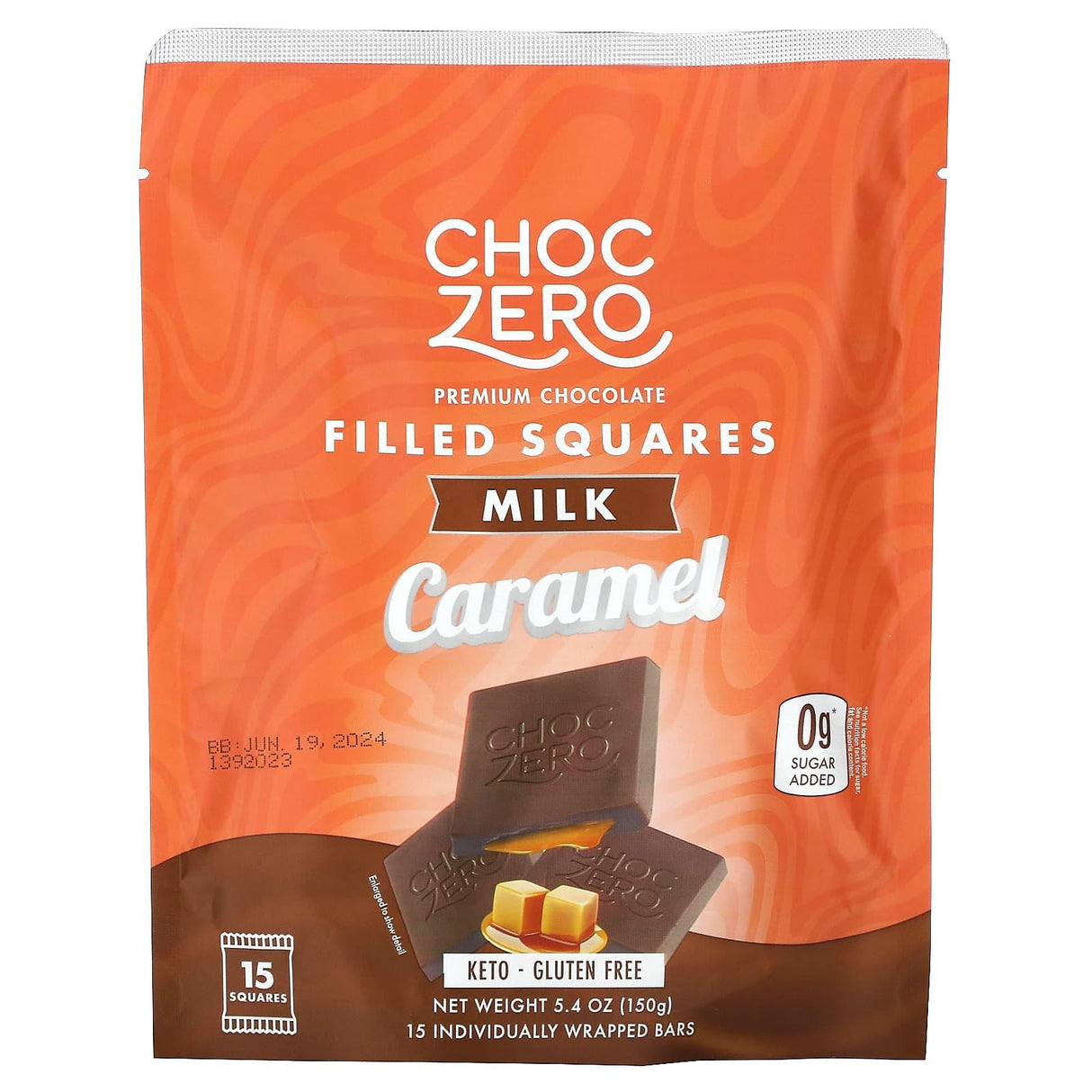 ChocZero, Filled Squares, Milk Caramel, 15 Individually Wrapped Bars - Supply Center USA