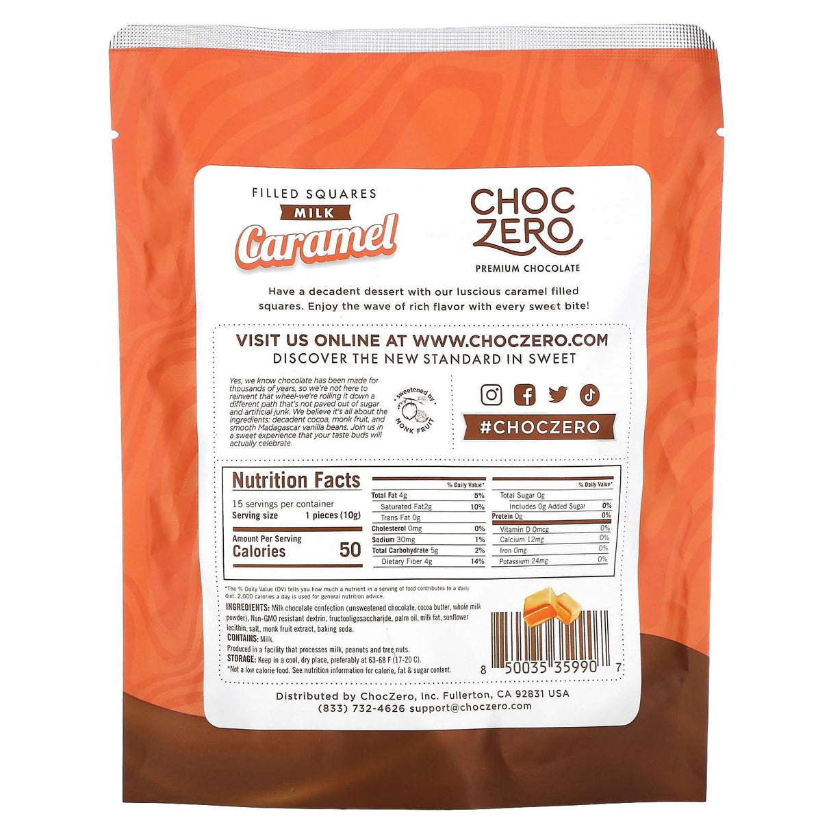 ChocZero, Filled Squares, Milk Caramel, 15 Individually Wrapped Bars - Supply Center USA