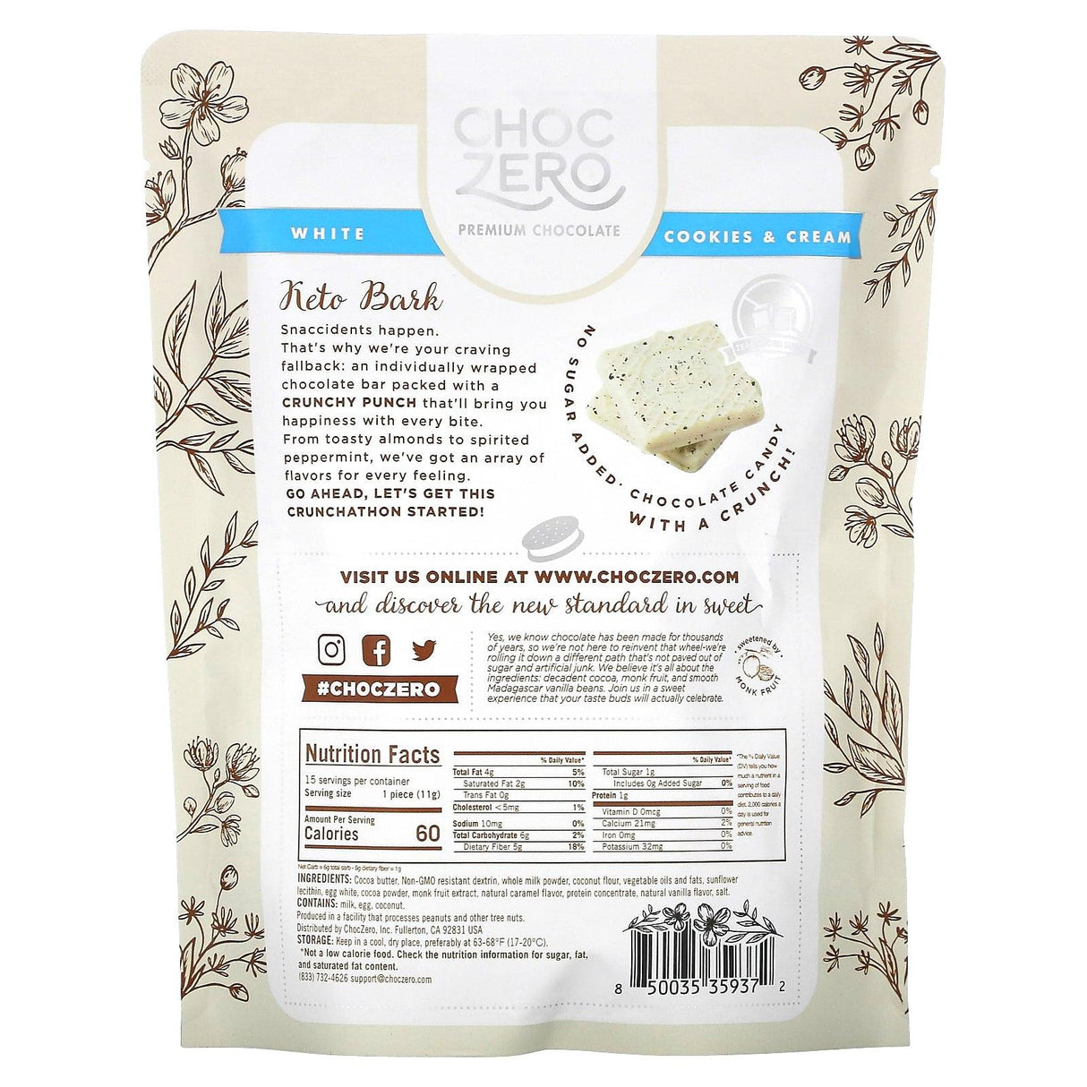 ChocZero, Keto Bark, White Chocolate, Cookies & Cream, 15 Mini Packs, 6 oz (170 g) - Supply Center USA
