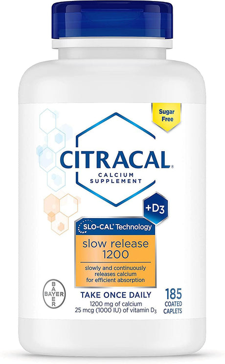 Citracal Slow Release 1200, 1200 Mg Calcium Citrate and Calcium Carbonate Blend with 1000 IU Vitamin D3, Bone Health Supplement for Adults, Once Daily Caplets, 185 Count - Supply Center USA