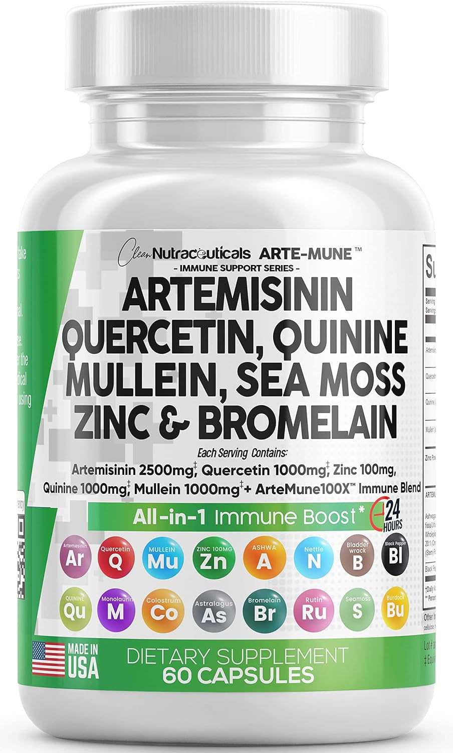 Clean Nutraceuticals Artemisinin 2500Mg Quercetin 1000Mg Zinc 100Mg Mullein Quinine Supplement with Sea Moss Bromelain Ashwagandha Root Nettle Leaf Bladderwrack Burdock Root Monolaurin Colostrum Rutin - Supply Center USA