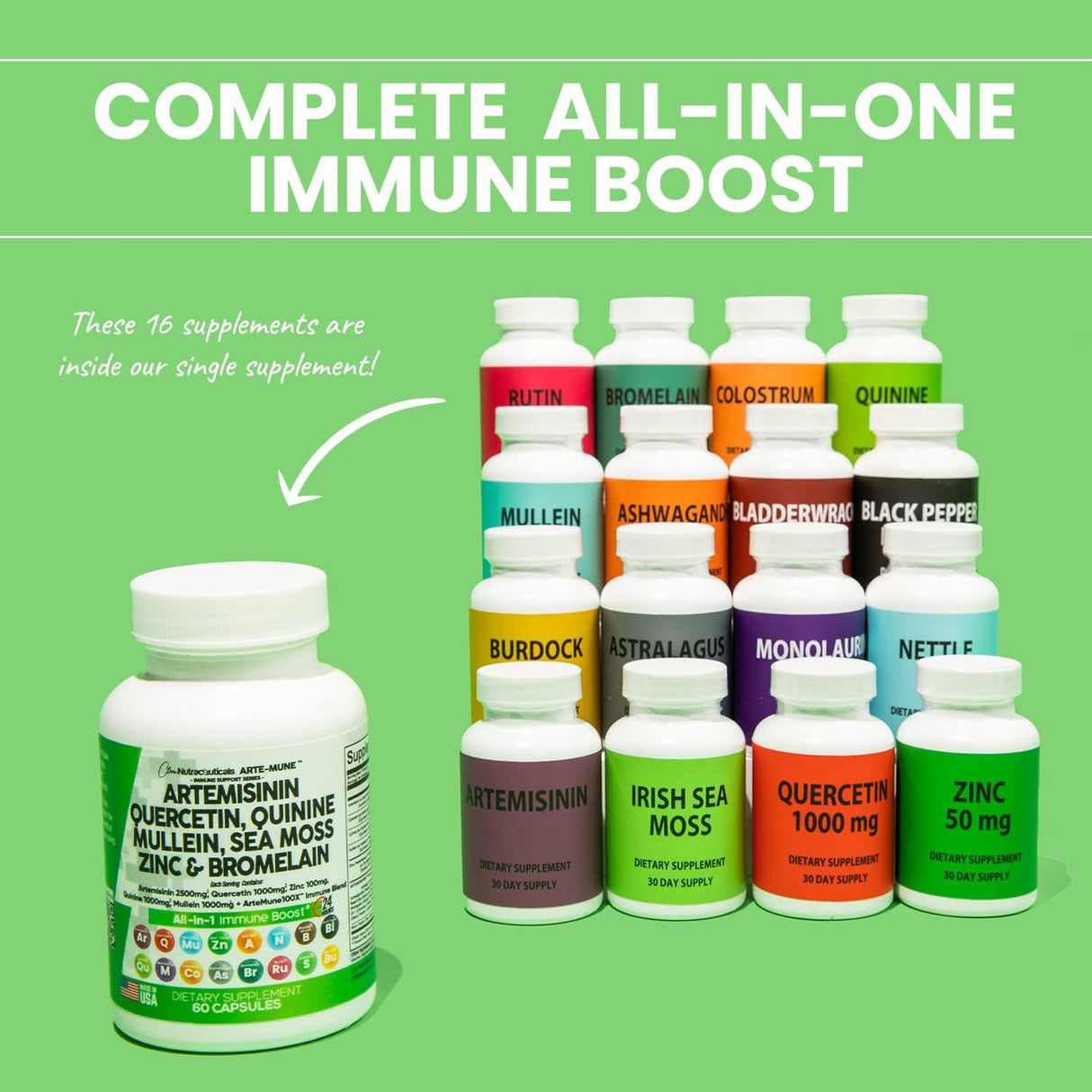 Clean Nutraceuticals Artemisinin 2500Mg Quercetin 1000Mg Zinc 100Mg Mullein Quinine Supplement with Sea Moss Bromelain Ashwagandha Root Nettle Leaf Bladderwrack Burdock Root Monolaurin Colostrum Rutin - Supply Center USA