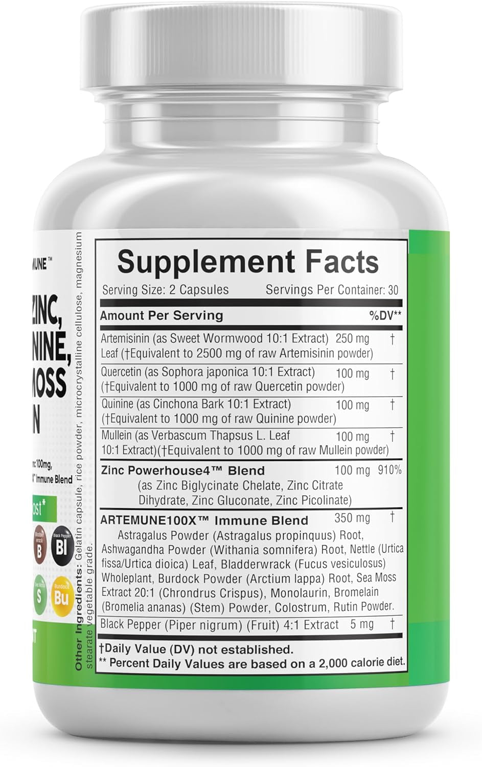 Clean Nutraceuticals Artemisinin 2500Mg Quercetin 1000Mg Zinc 100Mg Mullein Quinine Supplement with Sea Moss Bromelain Ashwagandha Root Nettle Leaf Bladderwrack Burdock Root Monolaurin Colostrum Rutin - Supply Center USA