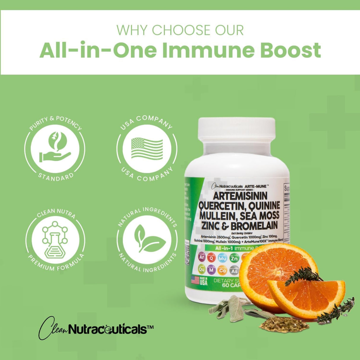 Clean Nutraceuticals Artemisinin 2500Mg Quercetin 1000Mg Zinc 100Mg Mullein Quinine Supplement with Sea Moss Bromelain Ashwagandha Root Nettle Leaf Bladderwrack Burdock Root Monolaurin Colostrum Rutin - Supply Center USA
