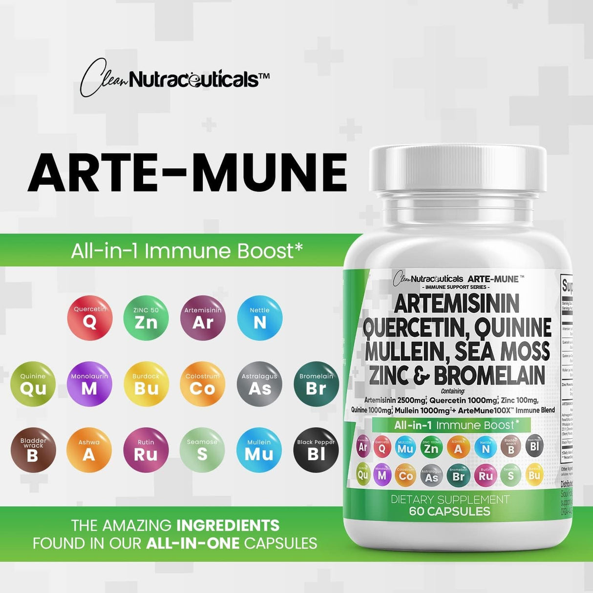 Clean Nutraceuticals Artemisinin 2500Mg Quercetin 1000Mg Zinc 100Mg Mullein Quinine Supplement with Sea Moss Bromelain Ashwagandha Root Nettle Leaf Bladderwrack Burdock Root Monolaurin Colostrum Rutin - Supply Center USA