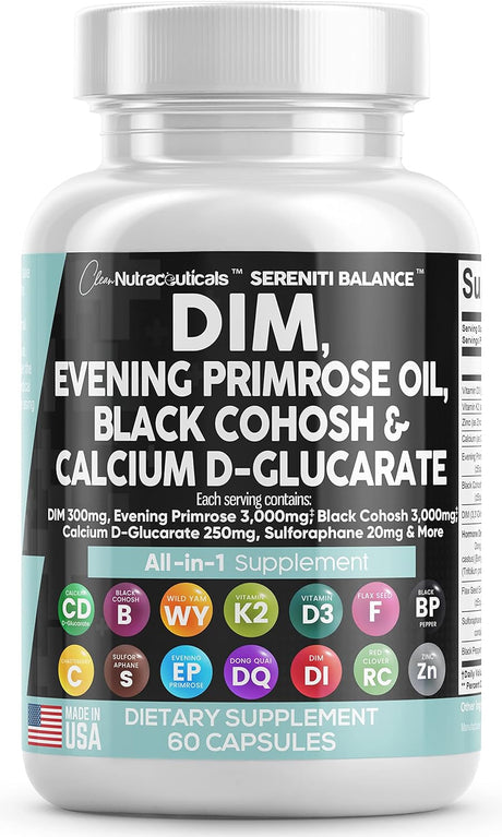 Clean Nutraceuticals DIM 300Mg Evening Primrose 3000Mg Black Cohosh 3000Mg Calcium D-Glucarate 250Mg Sulforaphane Flax Seed Extract - Hormonal Support Vitamins for Women with Dong Quai - 60 Caps - Supply Center USA