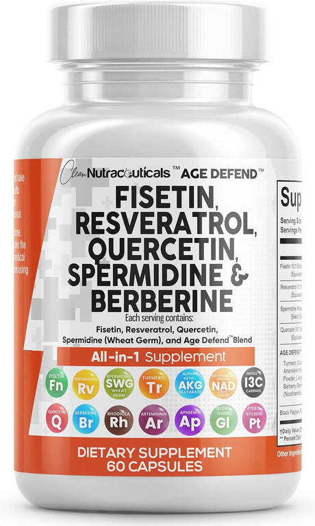 Clean Nutraceuticals Fisetin 2500Mg Quercetin 1000Mg Resveratrol 1000Mg with Spermidine Wheat Germ Extract 1000Mg - Health Supplement for Adults Longevity with Berberine, Collagen, Rhodiola, Apigenin - Supply Center USA