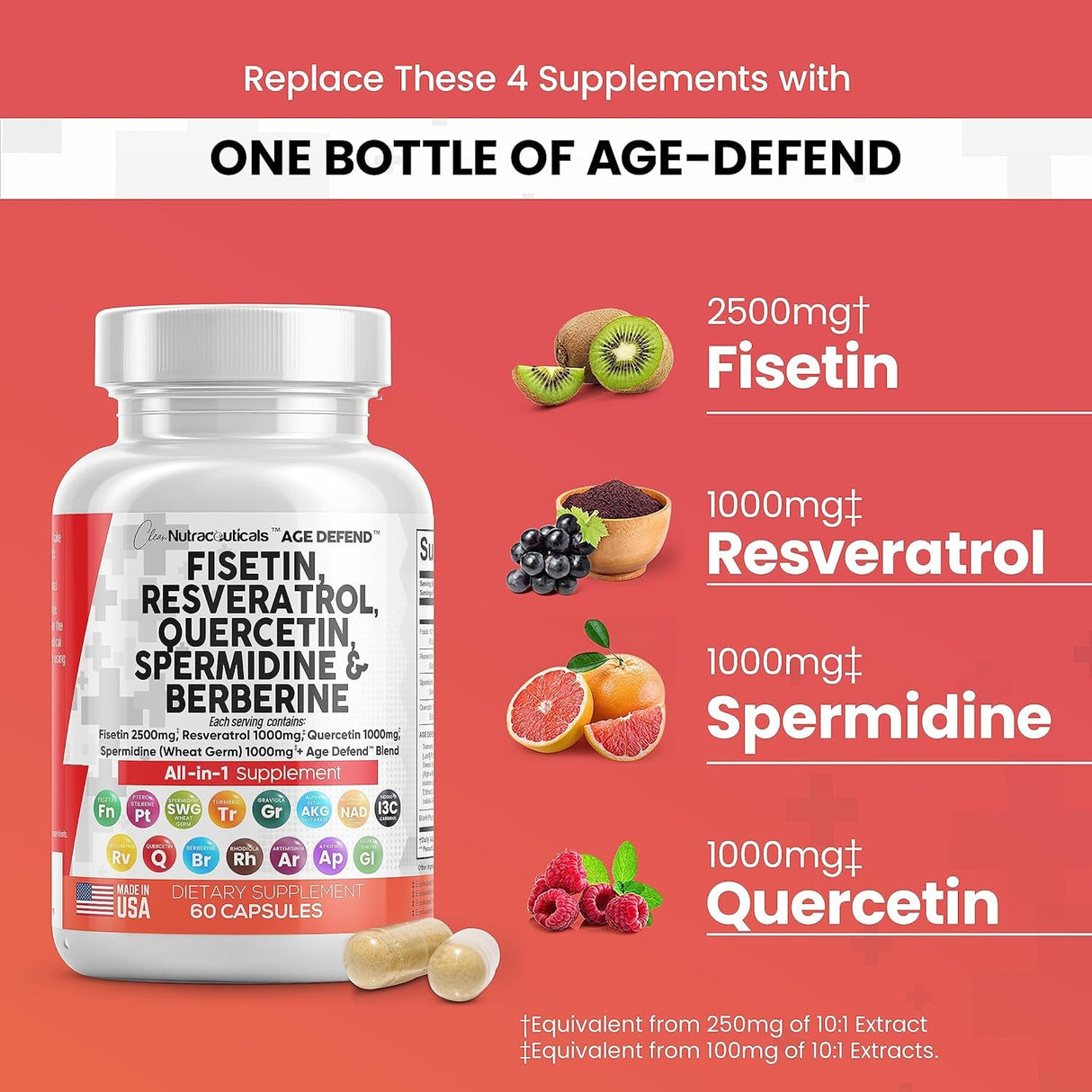 Clean Nutraceuticals Fisetin 2500Mg Quercetin 1000Mg Resveratrol 1000Mg with Spermidine Wheat Germ Extract 1000Mg - Health Supplement for Adults Longevity with Berberine, Collagen, Rhodiola, Apigenin - Supply Center USA