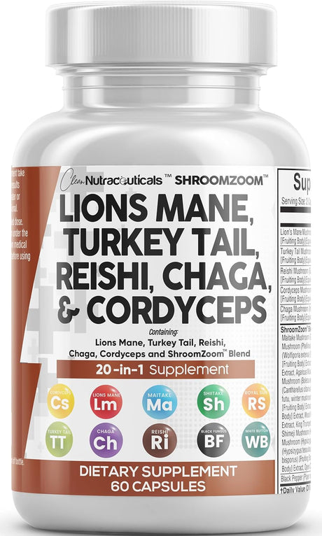 Clean Nutraceuticals Lions Mane 3000Mg 20In1 Mushroom Supplement with Turkey Tail 2000Mg Reishi 1000Mg Cordyceps Chaga 1000Mg Maitake Meshima Poria Cocos Shiitake Oyster Porcini Enoki 60 Count - Supply Center USA