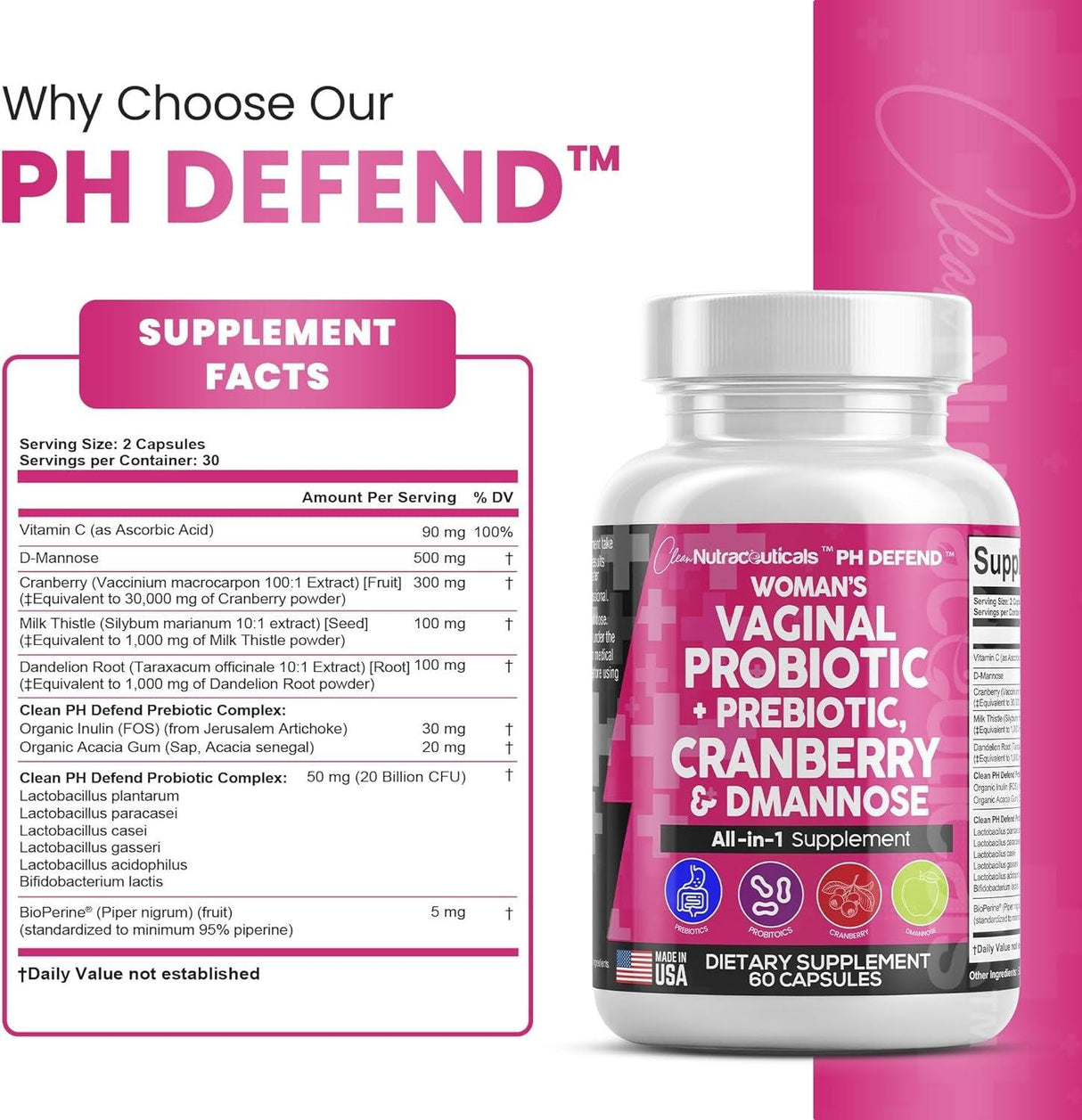 Clean Nutraceuticals Vaginal Probiotics for Women + Prebiotics 20 Billion Cranberry Pills 30,000Mg W/D-Mannose 500 Mg for Urinary Tract Health Ph Balance - Womens Vitamins for Vaginal Health - Supply Center USA