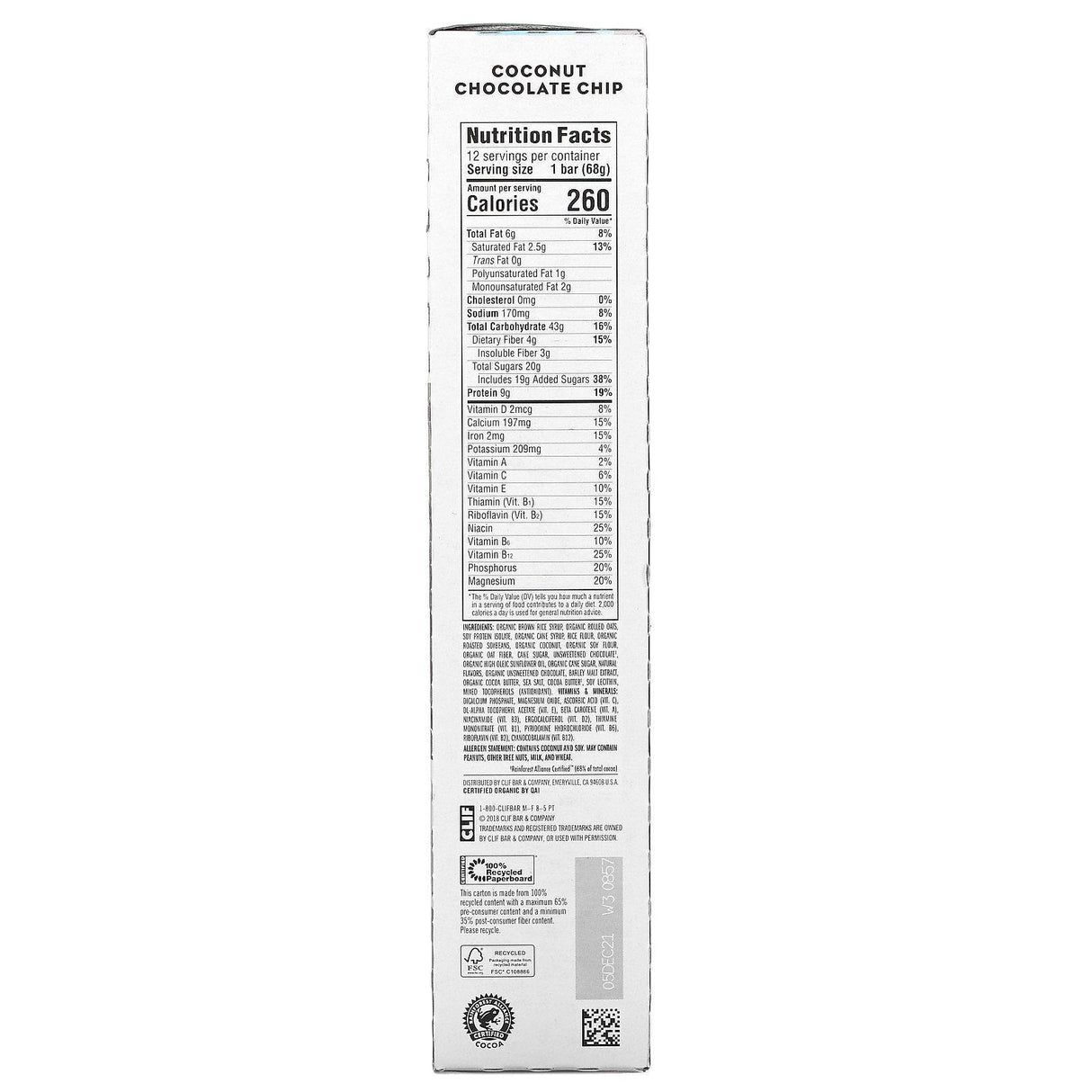 Clif Bar, Energy Bar, Coconut Chocolate Chip, 12 Bars, 2.40 oz (68 g) Each - Supply Center USA