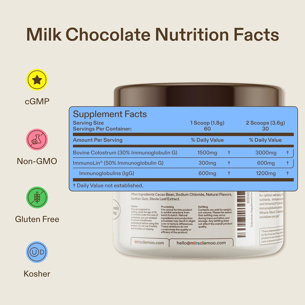 Colostrum Supplement for Gut Health, Hair Growth, Beauty and Immune Support - Easy to Mix Grass Fed Bovine Powder - Highest Igg plus Immunolin, Chocolate 30 Servings - Supply Center USA