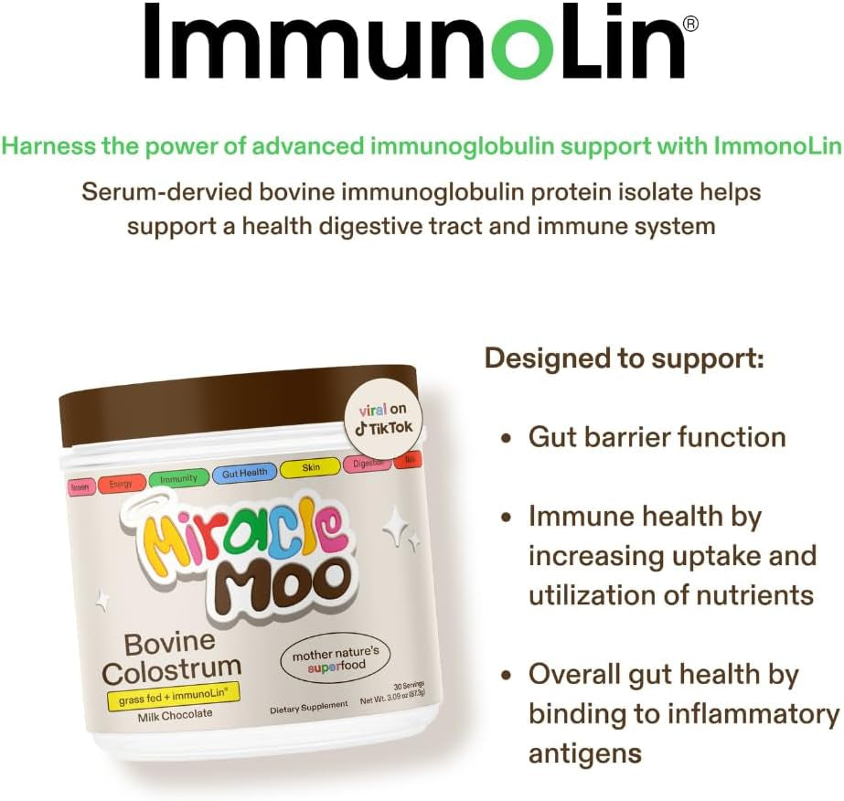 Colostrum Supplement for Gut Health, Hair Growth, Beauty and Immune Support - Easy to Mix Grass Fed Bovine Powder - Highest Igg plus Immunolin, Chocolate 30 Servings - Supply Center USA
