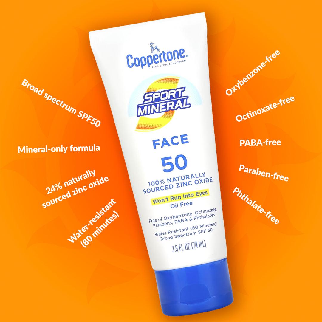 Coppertone, Sport Mineral, Sunscreen Lotion, Face, SPF 50, Oil Free, 2.5 fl oz (74 ml) - Supply Center USA