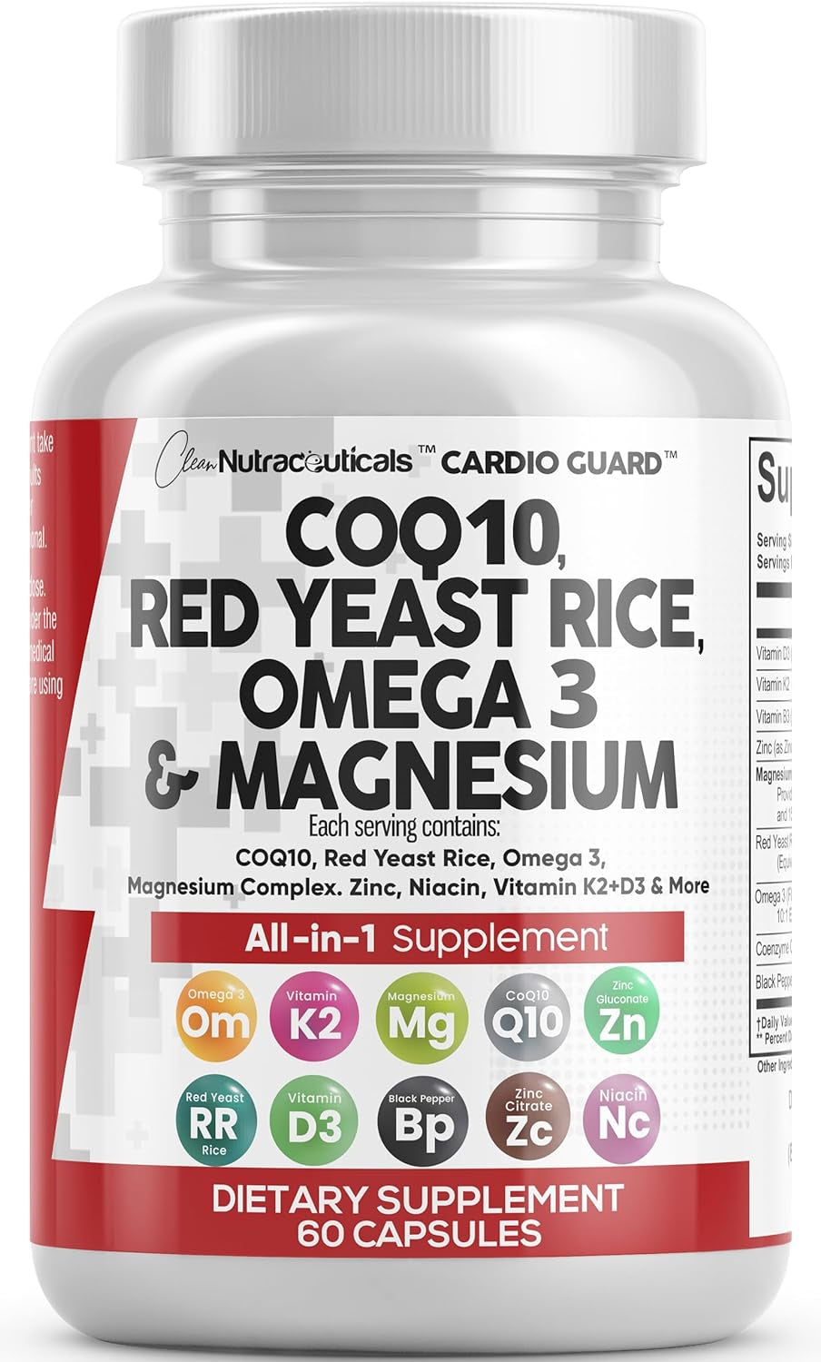 COQ10 200Mg Red Yeast Rice 3000Mg Omega 3 3000Mg Magnesium Complex 500Mg Niacin Zinc Vitamin K2 D3 - Heart Health Support Vitamins for Women and Men with Vitamin B3, Coenzyme Q10-60 Ct - Supply Center USA