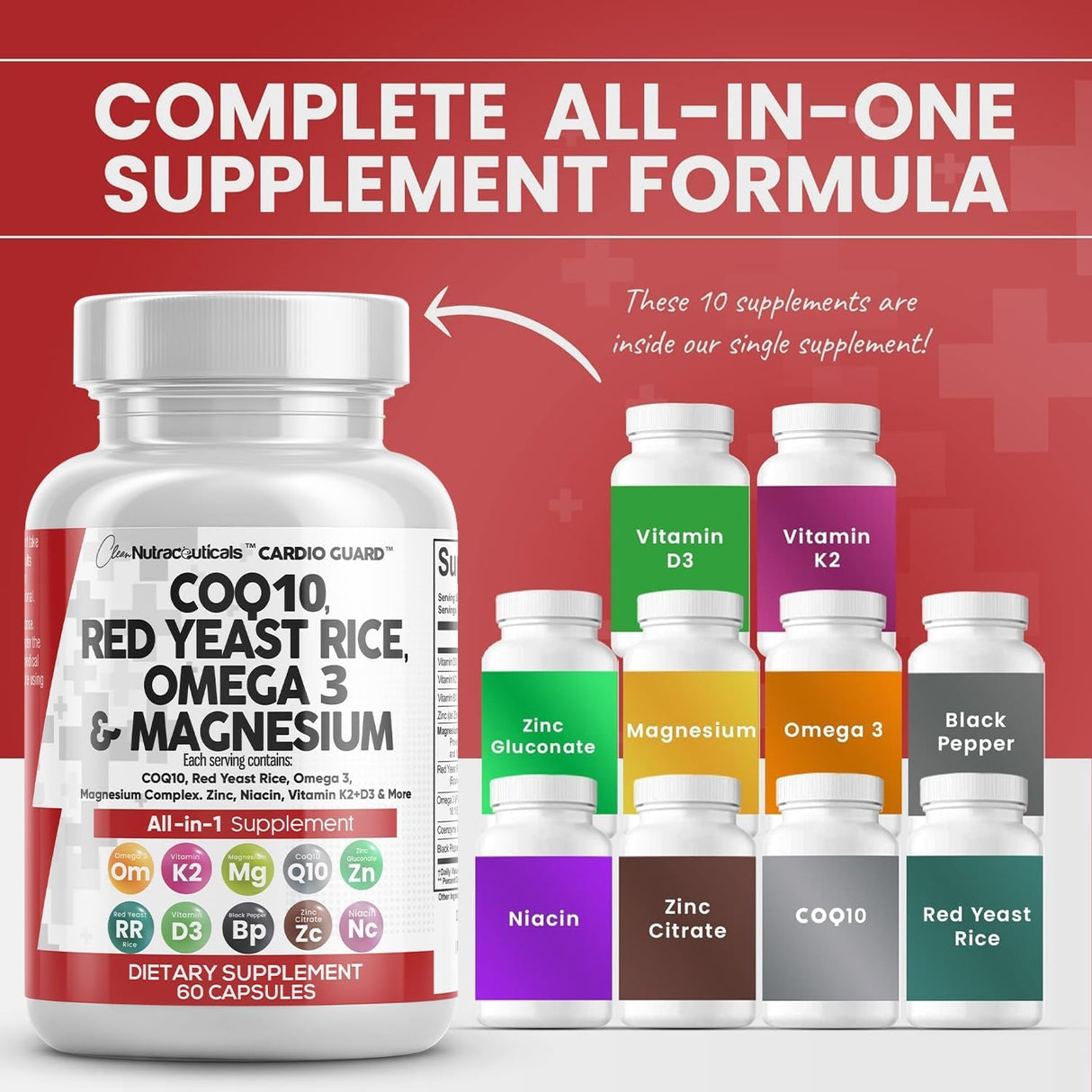 COQ10 200Mg Red Yeast Rice 3000Mg Omega 3 3000Mg Magnesium Complex 500Mg Niacin Zinc Vitamin K2 D3 - Heart Health Support Vitamins for Women and Men with Vitamin B3, Coenzyme Q10-60 Ct - Supply Center USA