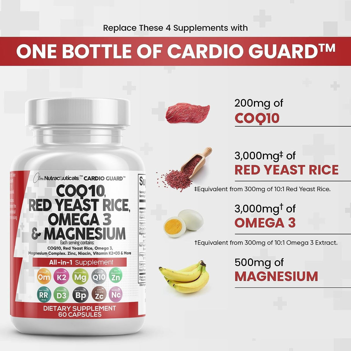 COQ10 200Mg Red Yeast Rice 3000Mg Omega 3 3000Mg Magnesium Complex 500Mg Niacin Zinc Vitamin K2 D3 - Heart Health Support Vitamins for Women and Men with Vitamin B3, Coenzyme Q10-60 Ct - Supply Center USA