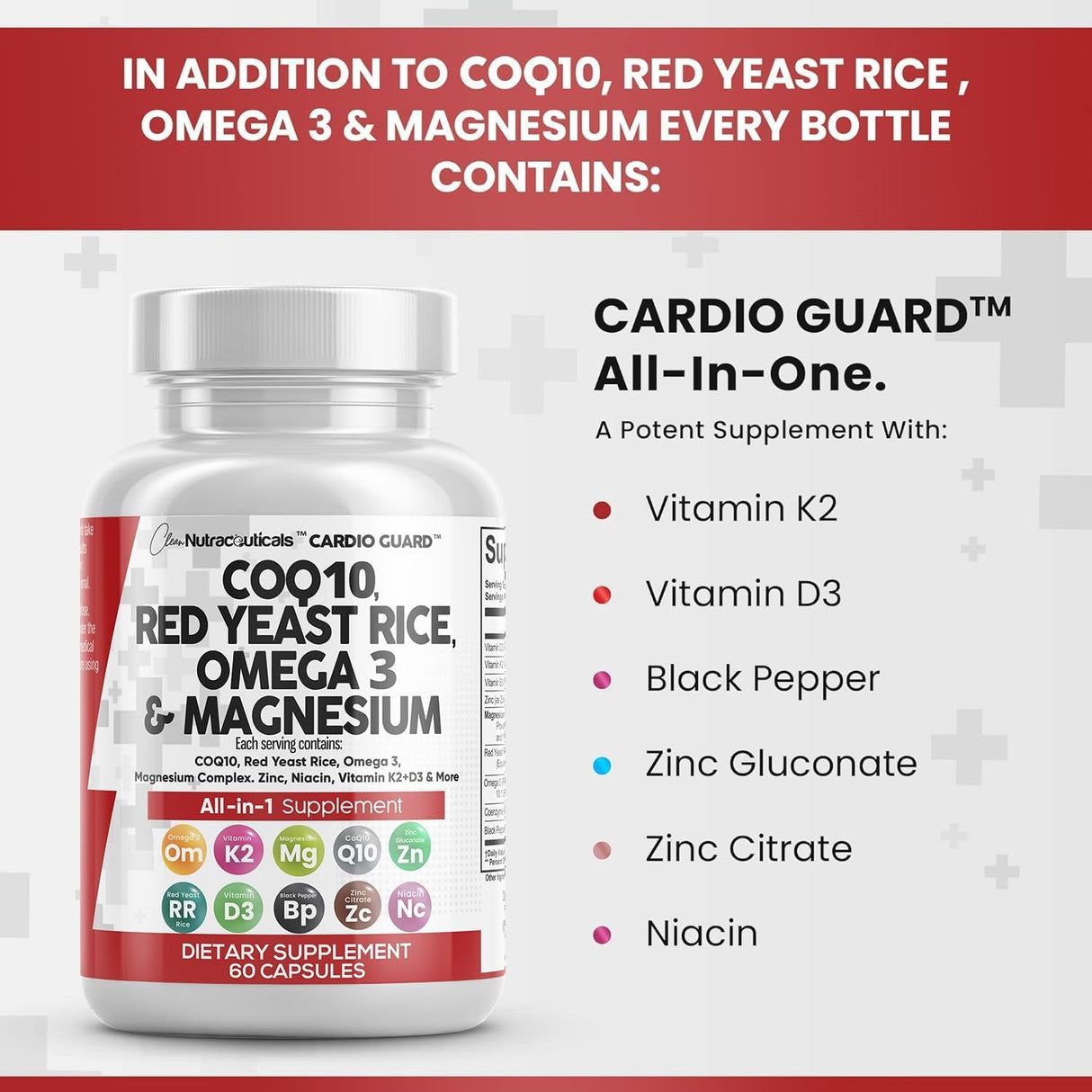 COQ10 200Mg Red Yeast Rice 3000Mg Omega 3 3000Mg Magnesium Complex 500Mg Niacin Zinc Vitamin K2 D3 - Heart Health Support Vitamins for Women and Men with Vitamin B3, Coenzyme Q10-60 Ct - Supply Center USA