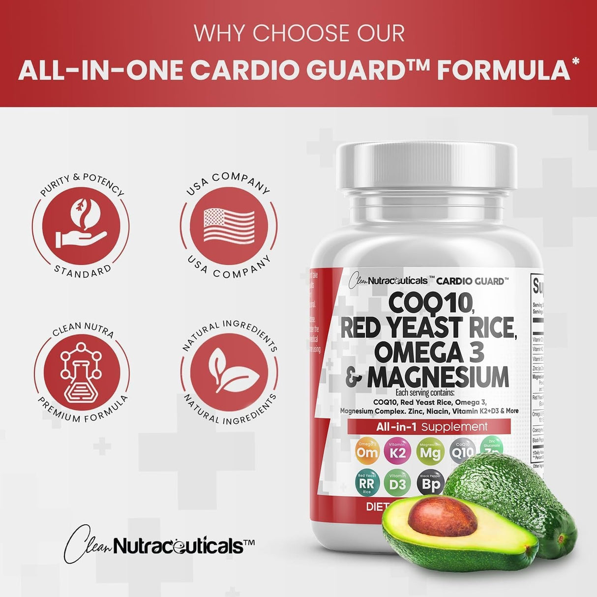 COQ10 200Mg Red Yeast Rice 3000Mg Omega 3 3000Mg Magnesium Complex 500Mg Niacin Zinc Vitamin K2 D3 - Heart Health Support Vitamins for Women and Men with Vitamin B3, Coenzyme Q10-60 Ct - Supply Center USA