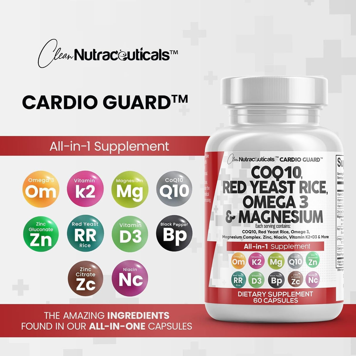 COQ10 200Mg Red Yeast Rice 3000Mg Omega 3 3000Mg Magnesium Complex 500Mg Niacin Zinc Vitamin K2 D3 - Heart Health Support Vitamins for Women and Men with Vitamin B3, Coenzyme Q10-60 Ct - Supply Center USA