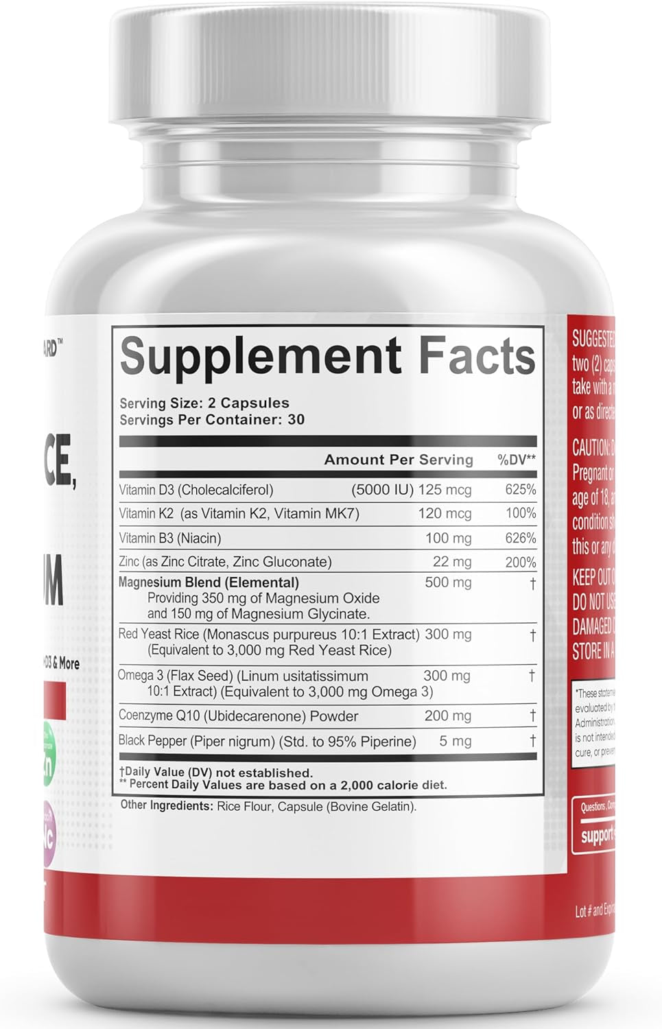 COQ10 200Mg Red Yeast Rice 3000Mg Omega 3 3000Mg Magnesium Complex 500Mg Niacin Zinc Vitamin K2 D3 - Heart Health Support Vitamins for Women and Men with Vitamin B3, Coenzyme Q10-60 Ct - Supply Center USA