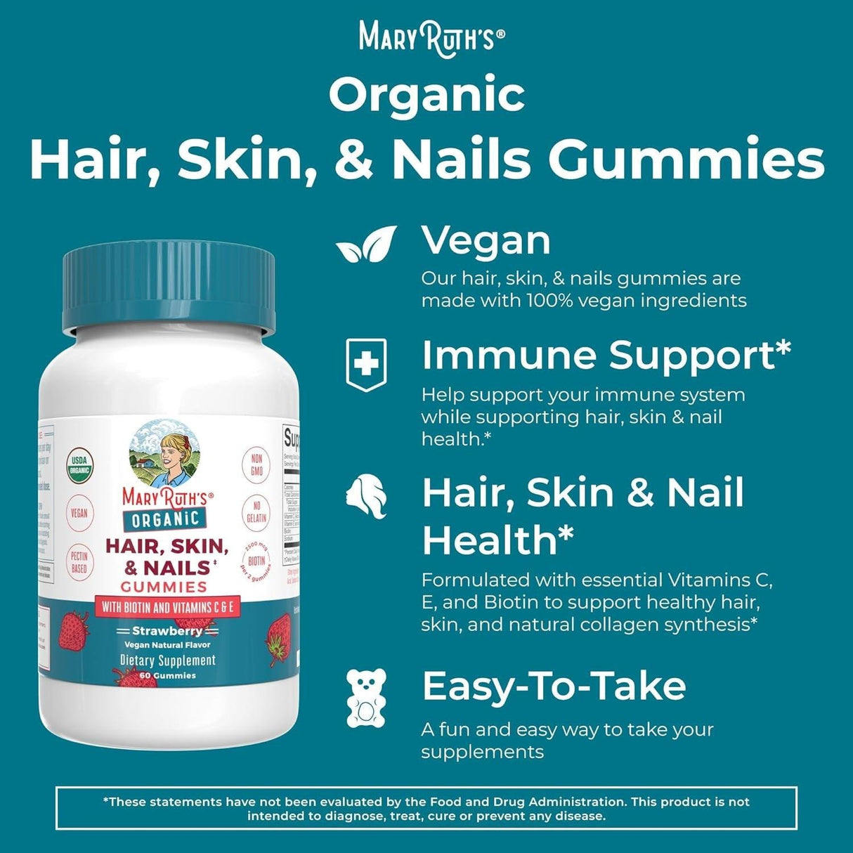 Maryruth Organics Hair Skin and Nail | USDA Organic | Biotin Gummy with Vitamin C and E | for Ages 14+ | 60 Count - Supply Center USA