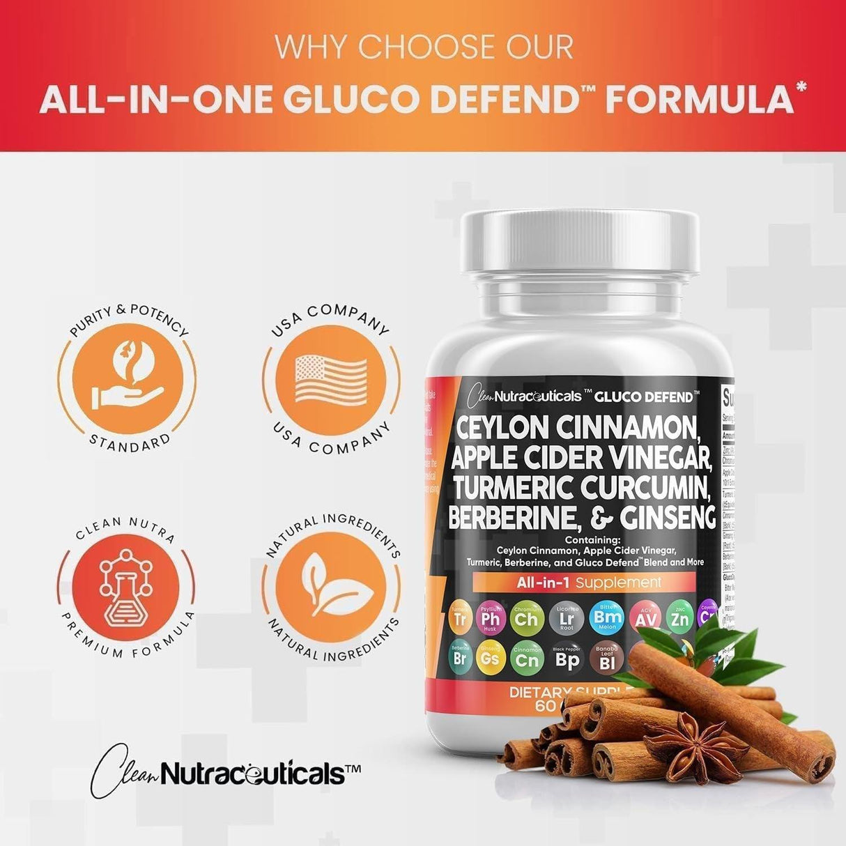 Clean Nutraceuticals Ceylon Cinnamon 3000Mg Turmeric 3000Mg Apple Cider Vinegar 3000Mg Ginseng 2000Mg Berberine 1200Mg plus Bitter Melon Gymnema Milk Thistle Fenugreek - Supply Center USA