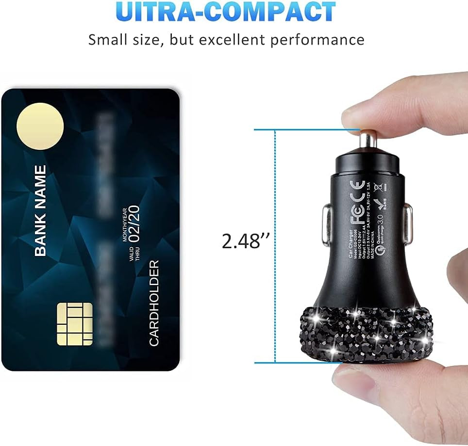 Dual USB Car Charger Quick Charge 3.0 Car Adapter Fast Charging Charger Compatible with Iphone 11/11Pro/ Max/Xs/Xr/X/10,Ipad,Samsung S10/S10+/S9,Google Pixel 4/4 XL Etc,Bling Car Decor,Black