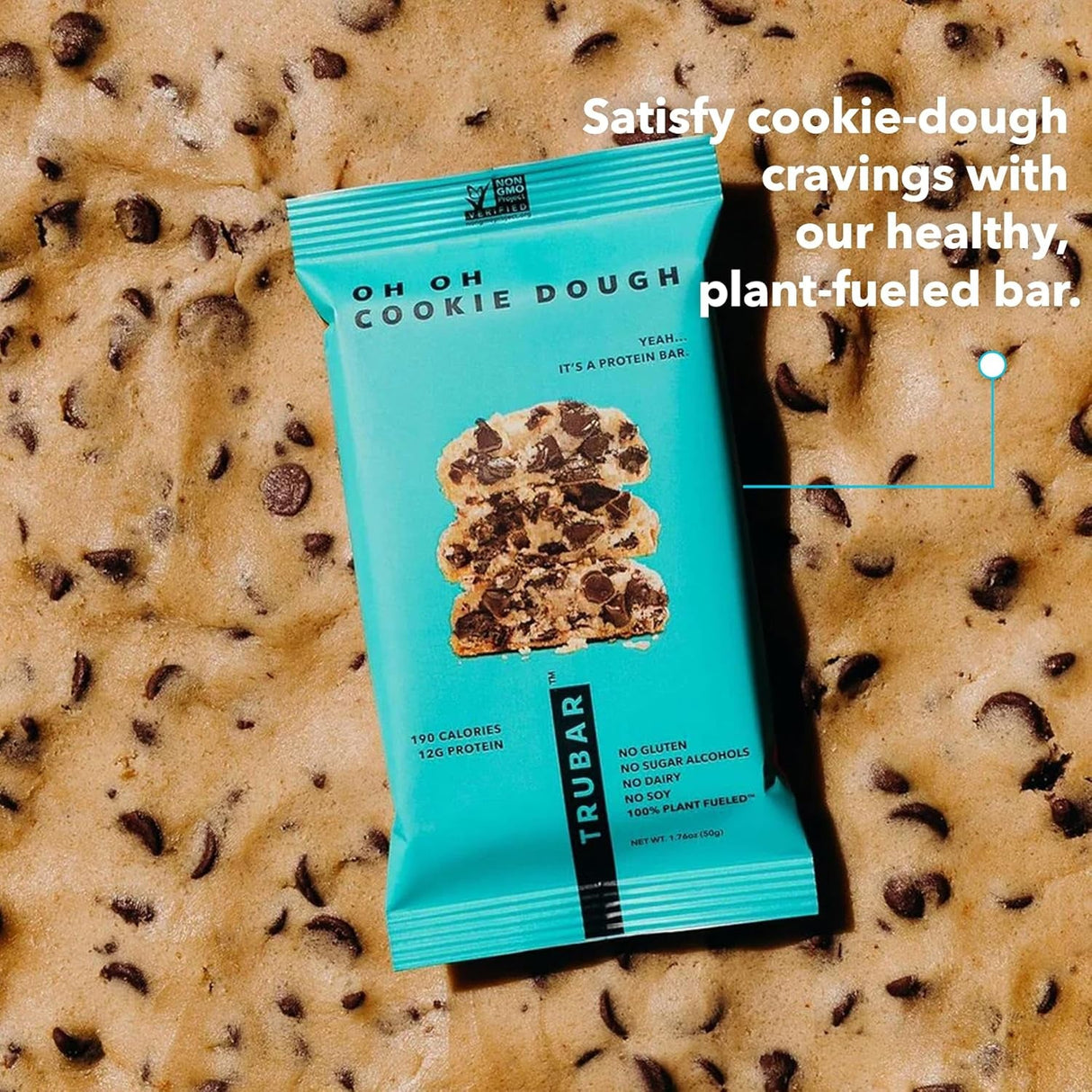 TRUBAR Vegan Protein Bar, Oh Oh Cookie Dough, Gluten Free, Plant Based Protein, Dairy Free, Non GMO, Soy Free, No Sugar Alcohols, 12G Protein, 12G Fiber, 23G Carb, Healthy on the Go Snack Bars, 12 CT
