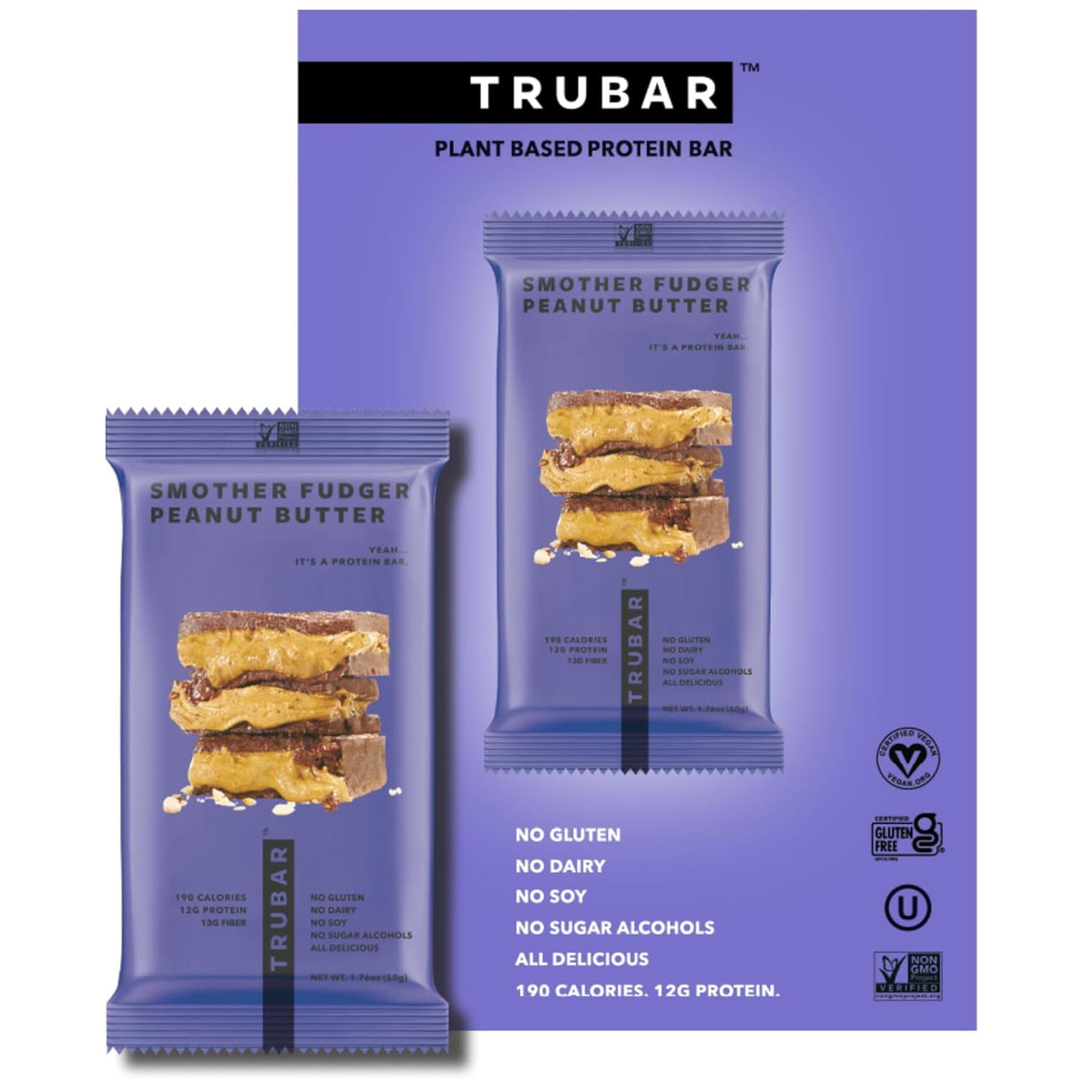 TRUBAR Vegan Protein Bar, Oh Oh Cookie Dough, Gluten Free, Plant Based Protein, Dairy Free, Non GMO, Soy Free, No Sugar Alcohols, 12G Protein, 12G Fiber, 23G Carb, Healthy on the Go Snack Bars, 12 CT