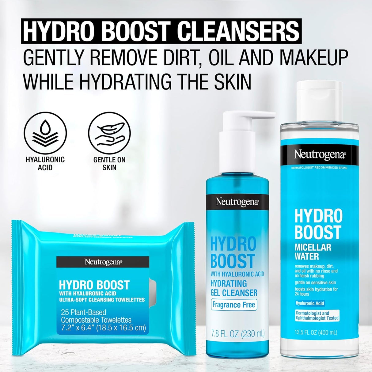 Neutrogena Hydro Boost Micellar Water with Hydrating Hyaluronic Acid, Micellar Cleansing Water for Sensitive Skin Removes Makeup, Dirt & Oil, Non-Comedogenic & Alcohol-Free, 13.5 Fl. Oz