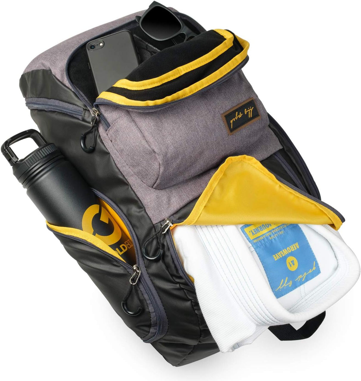 Gold BJJ Jiu Jitsu Backpack - Heavy Duty Gym Bag with Waterproof Gi Pocket