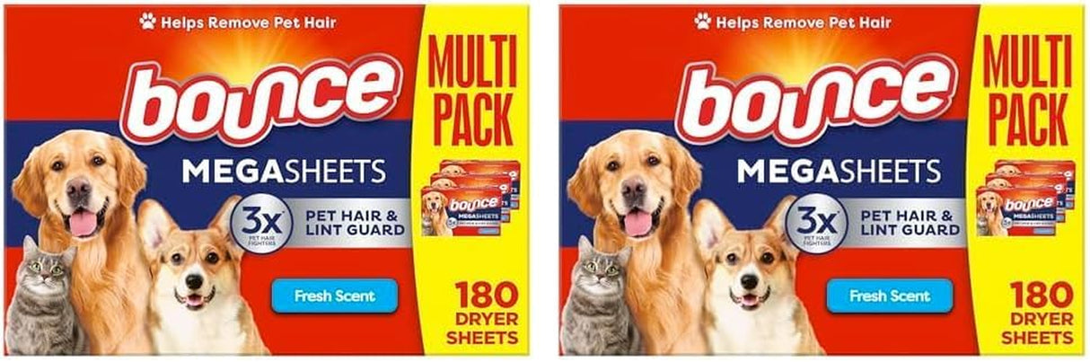 Bounce Pet Hair and Lint Guard Mega Dryer Sheets with 3X Pet Hair Fighters, Fresh Scent, 130 Count, Bounce Dryer Sheets, Fabric Softener Sheets