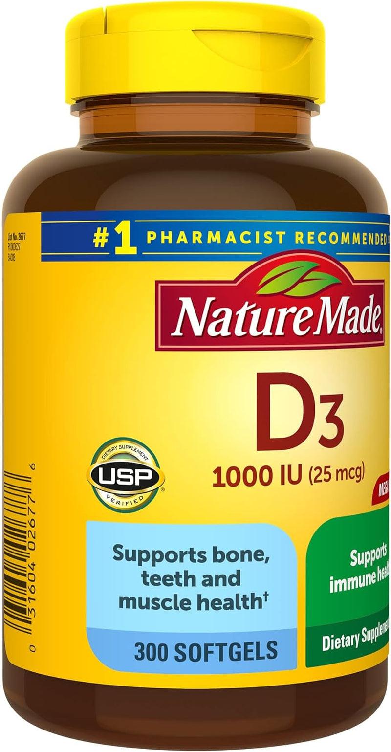 Nature Made Vitamin D3 1000 IU (25 Mcg) Softgel, Dietary Supplement for Bone, Teeth, Muscle and Immune Health Support, 300 Day Supply,300 Count (Pack of 1) - Supply Center USA