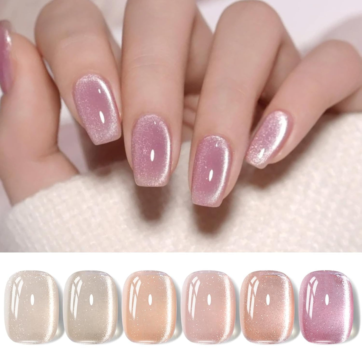 Born Pretty Cat Magnetic Eye Gel Nail Polish, Holographic Glitter Milky Jelly Cat Magnetic Gel Blue Green Purple Pink Nude Silver Nail Art Gel Manicure Salon DIY Gifts 7ML 6PCS