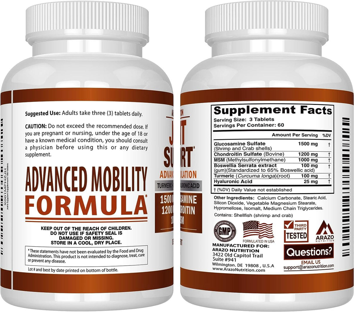 Glucosamine Chondroitin Turmeric Msm Boswellia - Joint Support Supplement for Relief 180 Tablets - Arazo Nutrition - Supply Center USA