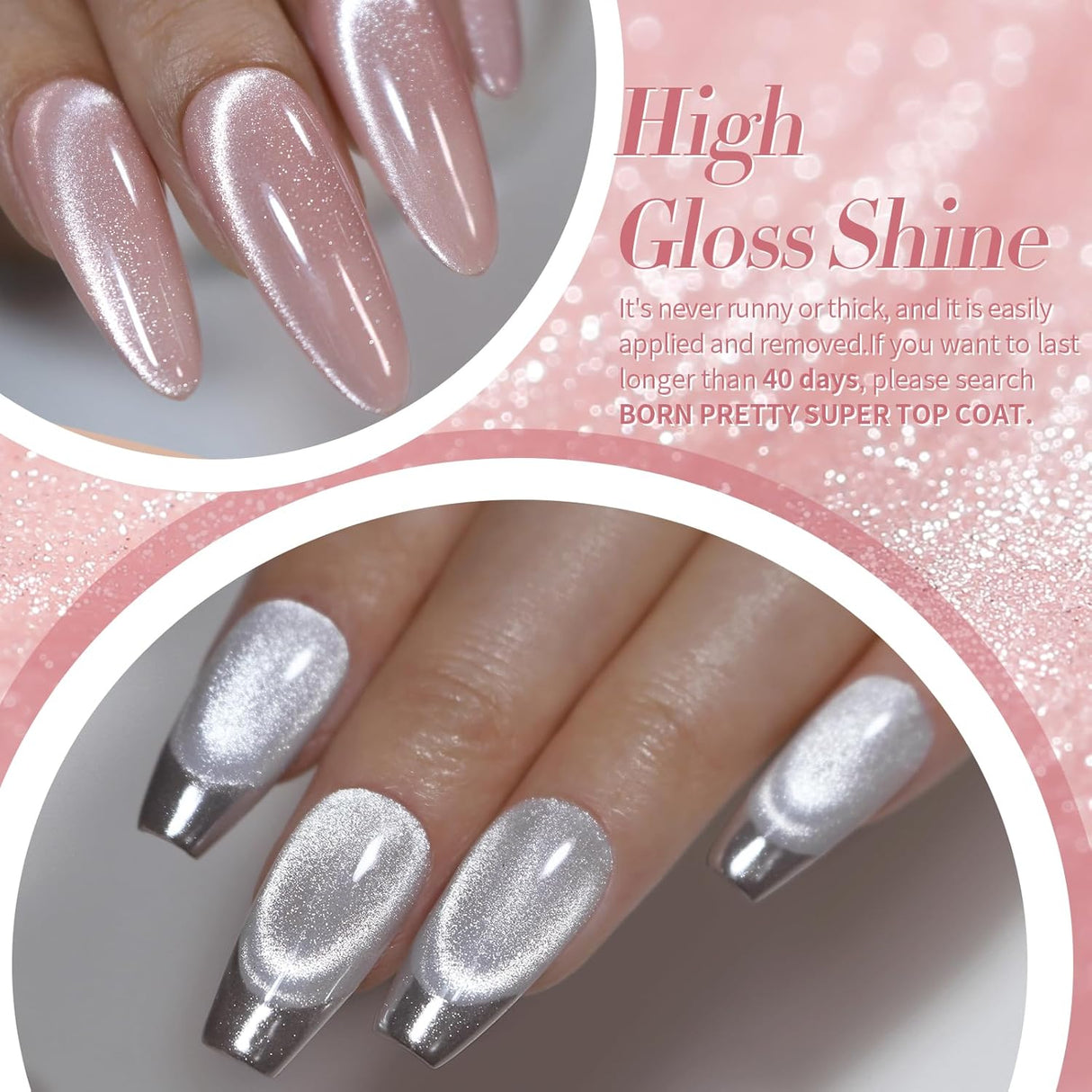 Born Pretty Cat Magnetic Eye Gel Nail Polish, Holographic Glitter Milky Jelly Cat Magnetic Gel Blue Green Purple Pink Nude Silver Nail Art Gel Manicure Salon DIY Gifts 7ML 6PCS